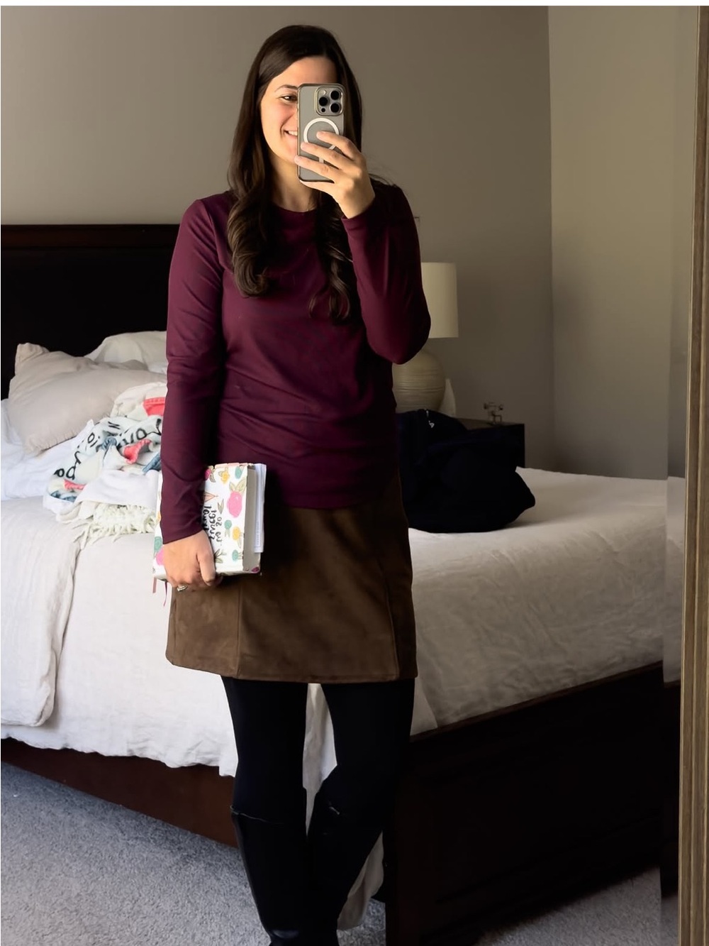 Lulumari Plum Long-Sleeve Top with Brown Mini Skirt